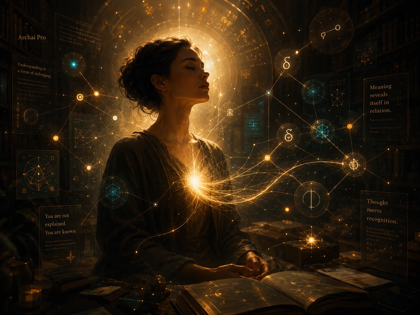 A calm person surrounded by a luminous knowledge network, symbolizing listening, understanding, and trust