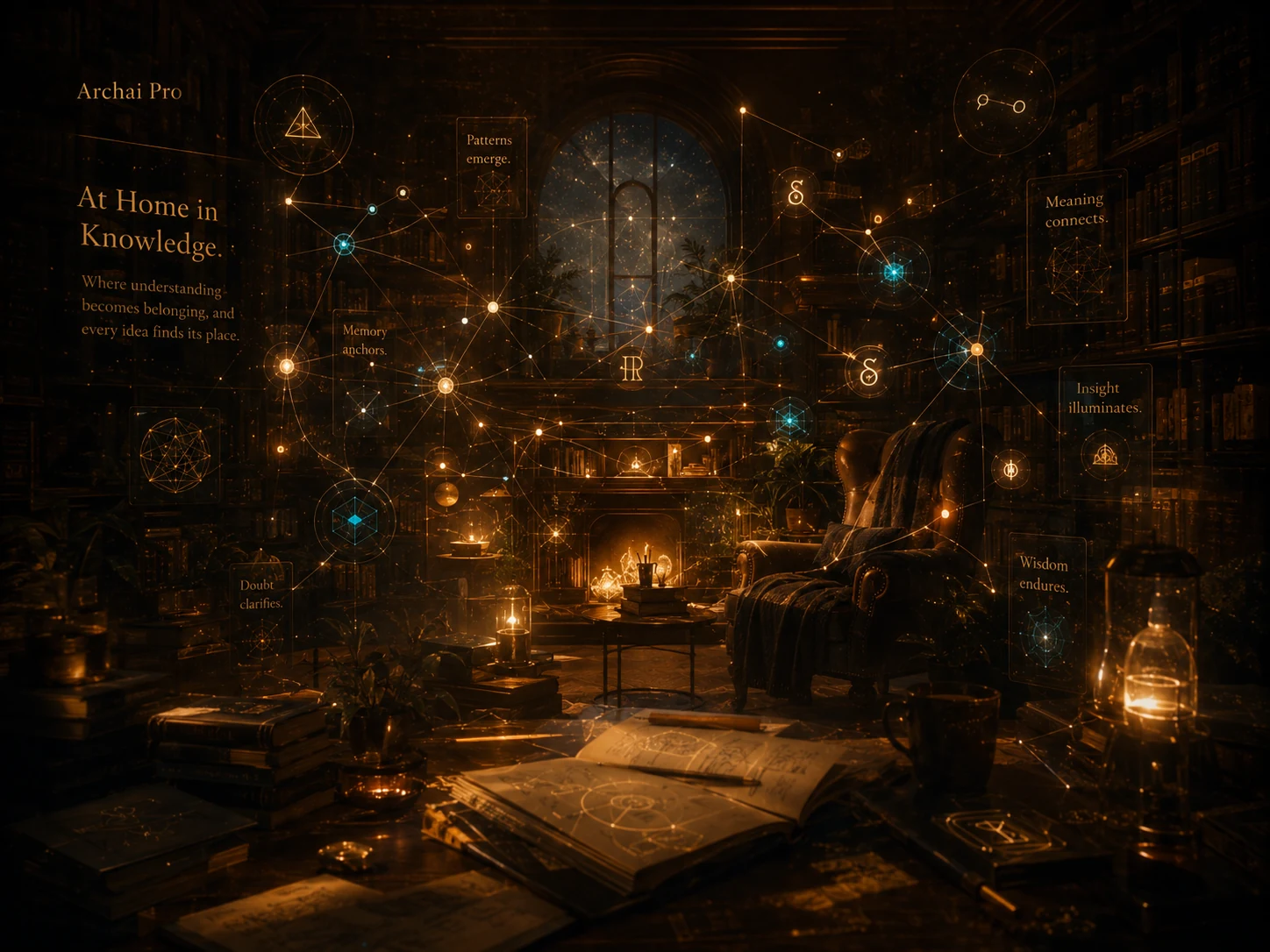 A welcoming library connected by a knowledge network and luminous symbols