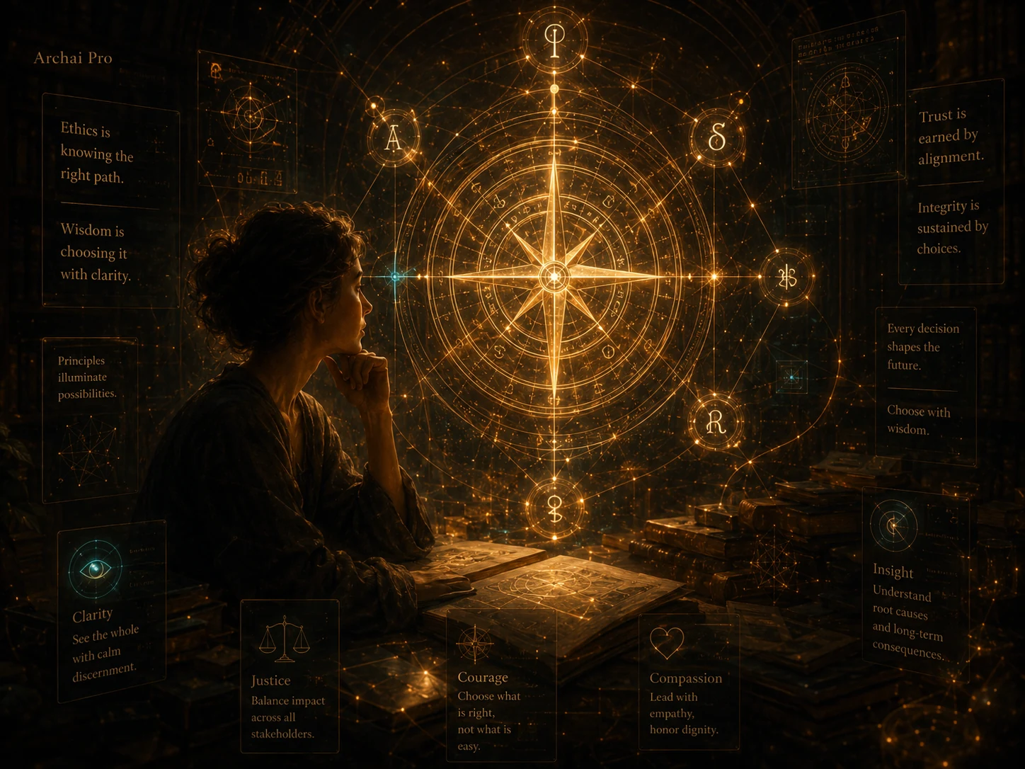 A person observing a luminous compass made of principles, relationships, and symbols