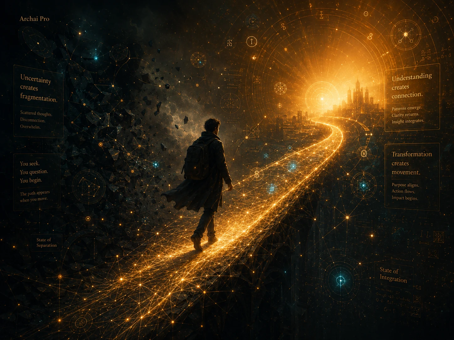 Pessoa caminhando por uma trilha luminosa entre fragmentação e um horizonte de clareza